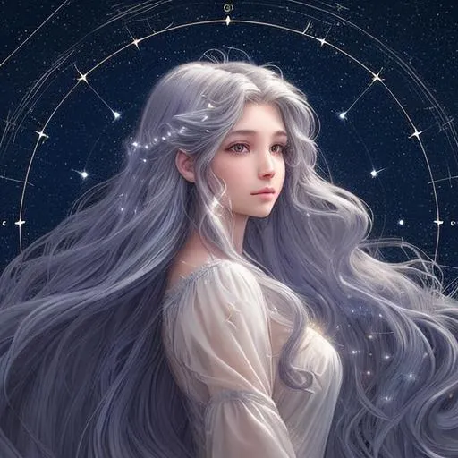 Prompt: A beautiful angel woman with magical flowing hair in the style of constellations and the night sky 
profile picture