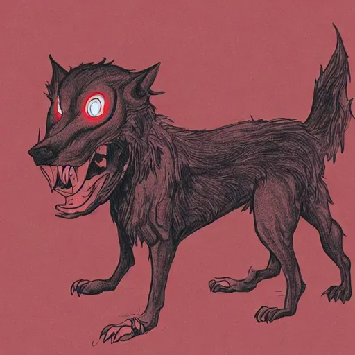 Prompt: satire cartoonist style hellhound with glowing eyes in a red mist
