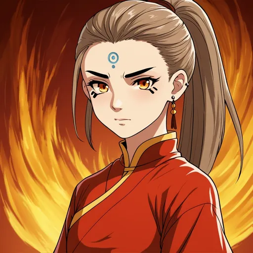 Prompt: Avatar the last airbender oc,  atla, brilliant red Taiwanese dress, pretty, light brown hair, Amber eyes, eyebrow piercing