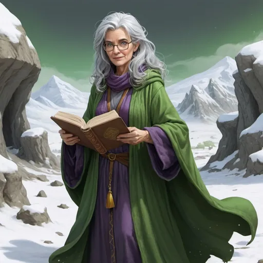 Prompt: Full body, Fantasy illustration of a female wizard, 50 years old, bookworm, muddle-headed expression, green robe, bushy grey hair, high quality, rpg-fantasy, detailed, snow covered excavation site background