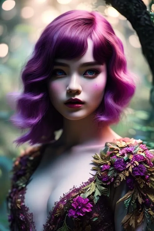 Prompt: ((best quality)), ((masterpiece)), ((realistic)),((theyeboy)) (detailed) illustration photographic , beautiful face, fairy woman,  magenta hair colour, perfect composition, hd octane render, messy wob cut,forest interior, leaf inspired dress ,high resolution scan, masterpiece, hyperrealism, delicate detailed complex, highly detailed, intricate detailed, volumetric lighting, light reflection, highly detailed concept art, trending on artstation, vivid colors, melancholic, loneliness, depressing, hopelessness, suffering
(((close up face shoot))), dim lights, 8k uhd, realistic, Nikon z9, raytracing, focus face, (sharpness:2. 0)