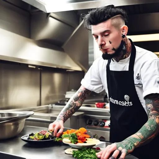 Prompt: white man with tattoos and piercings line cook in kitchen