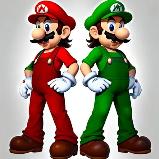 Prompt: Mario and Luigi , the two brothers who are the protagonists of Super Mario Bros , a video game series created by Nintendo . Mario and Luigi are wearing their iconic red and green outfits , with blue overalls , white gloves and brown shoes . They have big noses , mustaches and hats with their initials . They are holding power-ups such as mushrooms , fire flowers and stars . They are in a colorful and cartoonish world , with pipes , bricks , coins and enemies . Style : realistic and immersive , with effects of reflection and refraction . Artistic inspiration : Unreal Engine and games like Super Mario Odyssey and Super Smash Bros Ultimate . Camera : medium telephoto lens , medium shot , frontal view . Rendering : cinematic and professional , 8K

