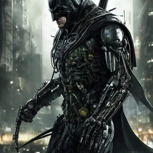 Prompt: Very dark black, gold and green evil distant future bionic enhanced batman. Super soldier. Accurate. realistic. evil eyes. Slow exposure. Detailed. Dirty. Dark and gritty. Post-apocalyptic Neo Tokyo. Futuristic. Shadows. Sinister. Armed. Fanatic. Intense. 