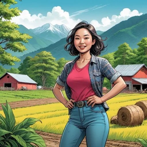 Prompt: Comic-style illustration of an Asian woman in provincial farm land, lush mountain backdrop, coconout trees in the background, detailed facial features, vibrant colors, dynamic poses, hand-drawn style, detailed clothing, realistic farm setting, professional comic rendering, bright and energetic, highres, detailed, full frame wide angle view, comic style, provincial life, mountain backdrop,  relaxed atmosphere, vibrant colors, dynamic poses