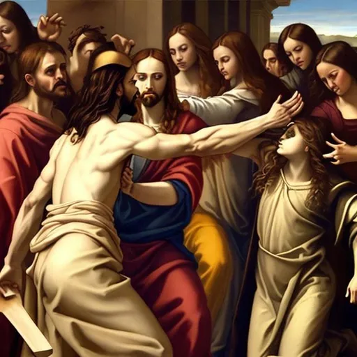 Prompt: female jesus slapping satanists in renaissance painting style