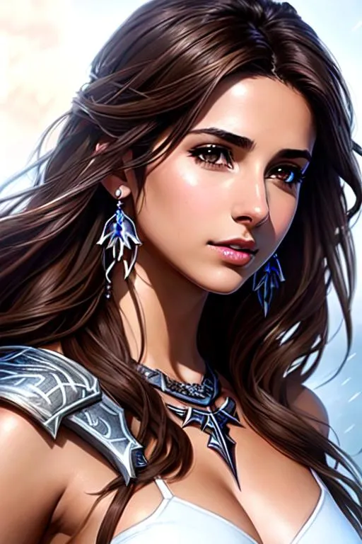 Prompt:  Naomi Scott struck by realistic lightning, sword sleeveless, brown hair, brown eyes, wearing white demon knight armor from FFXIV,, ethereal, happy, jewelry set balayage wild hair, royal vibe, highly detailed,realistic lightning highly detailed face, digital painting, Trending on artstation , HD quality, tan skin,artgerm,  by Ilya Kuvshinov 