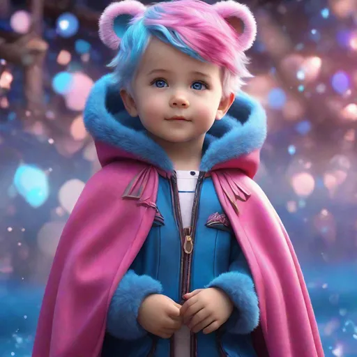 Prompt: 5 year old magical boy, magical boy, sky blue eyes, pink and blue cape , detailed cgi, realistic cgi, {blue and pink multicolored hair:1.5},  realistic style, imagination, interesting and magical background,(hyper realistic:1.5), masculine, cute teddy bear,