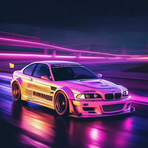 Prompt: 2001 BMW M3 E46 GTR, synthwave, aesthetic cyberpunk, miami, highway, dusk, neon lights, coastal highway, dusk, neon lights, coastal highway, sunset, drift, nurburgring, water on the road, blade runner, 8k, watercolor, macro sharp focus