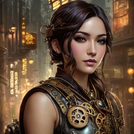 Prompt: steampunk, (high quality)+, (high texture)+, (ultra detailed)+, (detailed background)++, (perfect anatomy)+, (proper finger structure)+, (quality artwork)+, (mature woman)++, solo, detailed face, black hair, long hair, shiny hair, detailed hair, iridescent eyes, detailed eyes, goggle with neon trim++, (leather gloves)++, detailed accessories, detailed body)++, shiny skin, (fair skin)+, detailed skin, (bronze gears)++, road++, rain background++, (metal trees)++, (full body)+++, (sepia tones)++, (from ahead)++