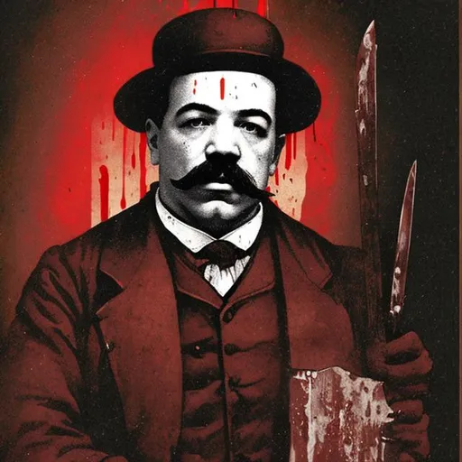 Prompt: A portrait of H.h Holmes holding a bloody cleaver