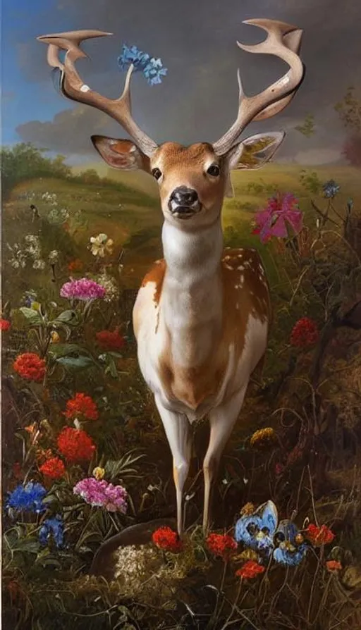 Prompt: Rococo style oil painting of a fallow deer surrounded by wild flowers by  Hans Dahl, oil paint| close up| flowers| tall grass| edge of forest| spring| flower petals in wind| Scandinavian wildlife| Blue sky