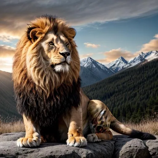 Prompt: Lion covered in flames roaring on a mountine, sunshine in the background, oil painting, UHD, 8k, Very detailed, cinematic, realistic, photoreal, trending on artstation, sharp focus, studio photo, intricate details, 4 legs on floor