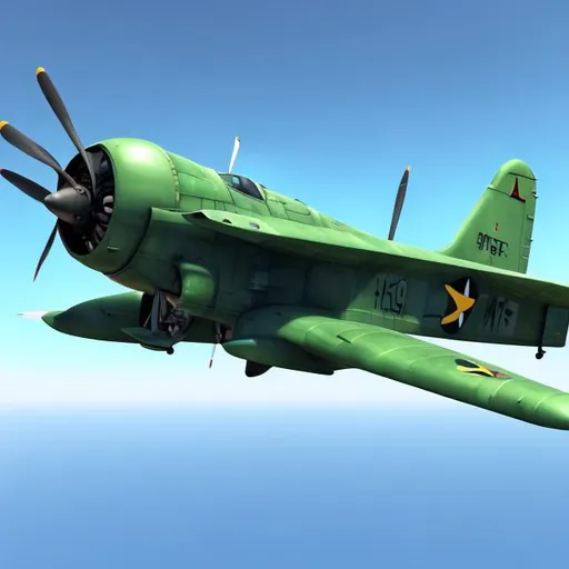 Prompt: Warplane with realistic proportions and four engines, two wings, in colour green in front of a blue sky