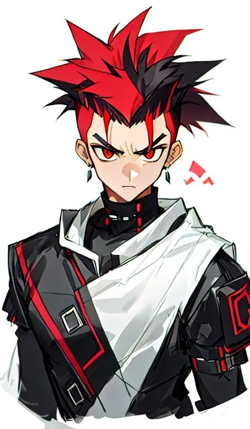 Prompt: Aster, 1 male. intimidating, black and red mohawk