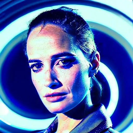 Prompt: Eva Green is a futuristic civil servant dressed in a Space-1999-inspired business suit on a space station. photorealistic, accurate face
