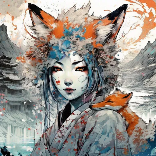 Prompt: "centered manhwa manga anime portrait of Beautiful japanese kitsune spirit with fox ears!!! detailed japanese background with mystical mountains!!!! Masterpiece, Intricate, Insanely Detailed, Art by Kim Jung Gi, Gregory Crewdson, Yoji Shinkawa, Guy Denning, James Jean and Liz Gael, Ink Drip, Paint Splatter, Textured!!!!, Chiaroscuro!!"
"A pirate ship in a hidden beach cove; redtro video game art by Moebius, Victo Ngai and Akihiko yoshida; utra detailedsplash art; deep color; a masterpiece"
"HyperRealistic hyper detailed, beautiful geisha touching a mirrored reflection of herself in the water," art Brian Kesinger, Tristan Eaton, Tim Doyle, Victo Ngai, Edwin Landseer, Shawn Coss, digital art, detailed background"