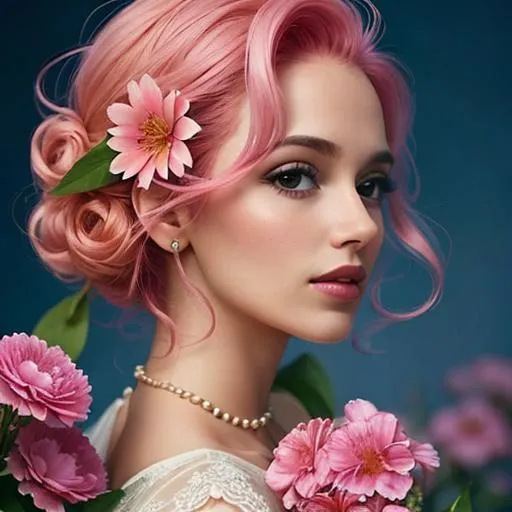 Prompt: a beautiful woman , lots of pretty pink flowers, pink hair