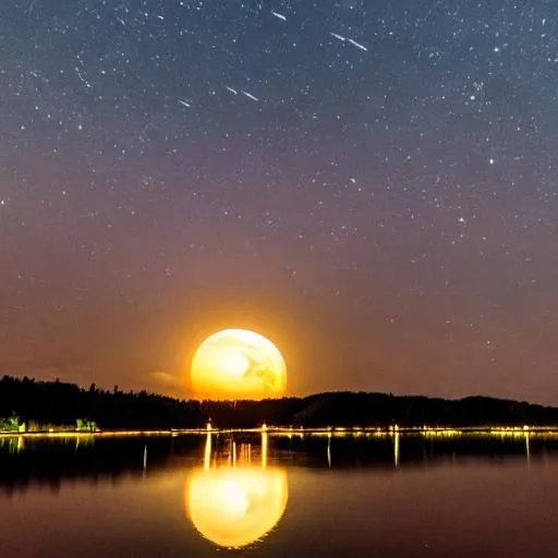 Prompt: A moon rising over a lake