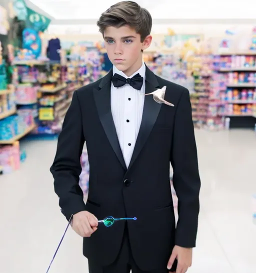 Prompt: Attractive teenage Boy in a tuxedo casting sparkly magic spell with a magic wand in a store