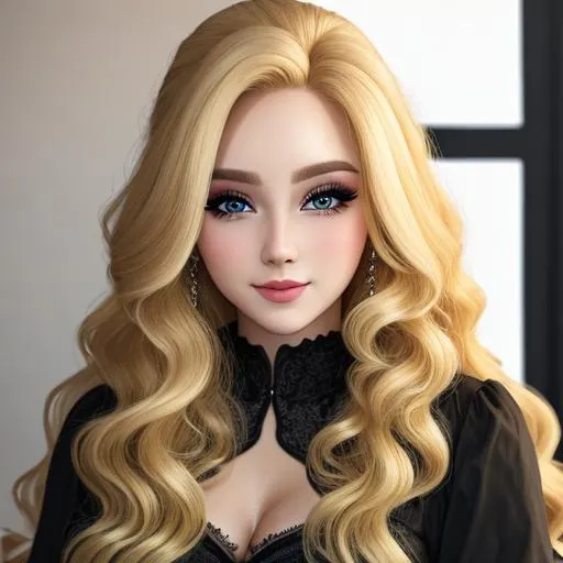 Prompt: A beautiful woman dressed in black, long  blonde very curly hair, facial closeup