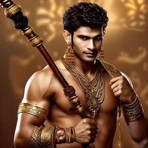 Prompt: Golden attire , beautiful clothes, curly hairs, man earings ,muscular man, with a Indian club weapon
