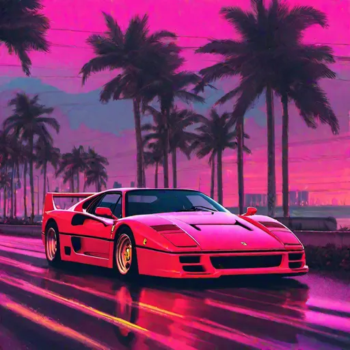 Prompt: Ferrari F40, synthwave, aesthetic cyberpunk, miami, coastal highway, dusk, 
