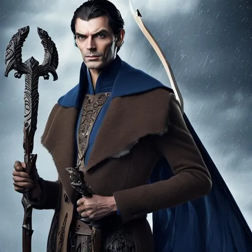 Prompt: a tall man with sleek wavy shoulder length  black hair, dark tan skin, light blue eyes, wearing a royal blue long coat. His expression is like a storm and he is holding a sleek metal spear with runes carved onto it
