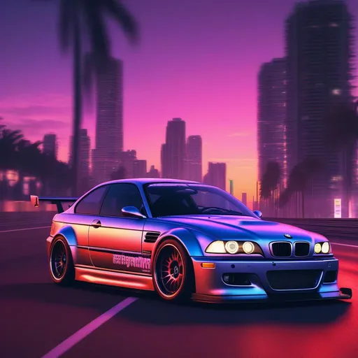 Prompt: 2001 BMW M3 E46 GTR, synthwave, aesthetic cyberpunk, miami, highway, dusk, neon lights, coastal highway, dusk, neon lights, coastal highway, sunset, drift, nurburgring, very detailed