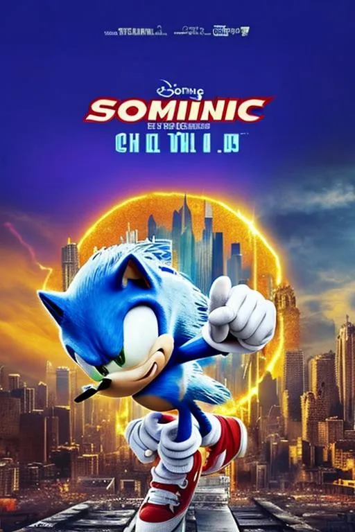 Prompt: sonic con un anillo en la ciudad con rayos y on el diseño de la pelicula