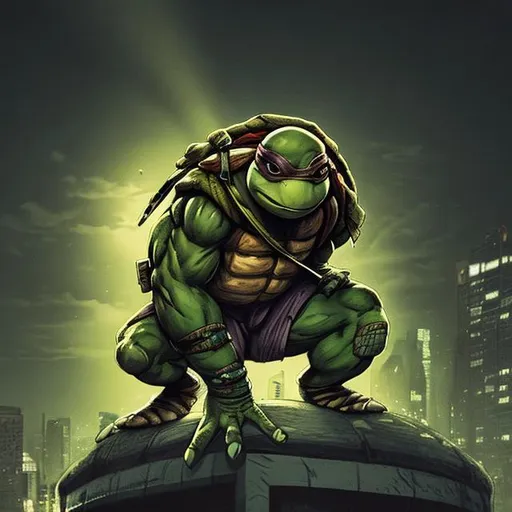 Prompt: Lone teenage mutant Ninja turtle on roof top crouching full body shot in the dark