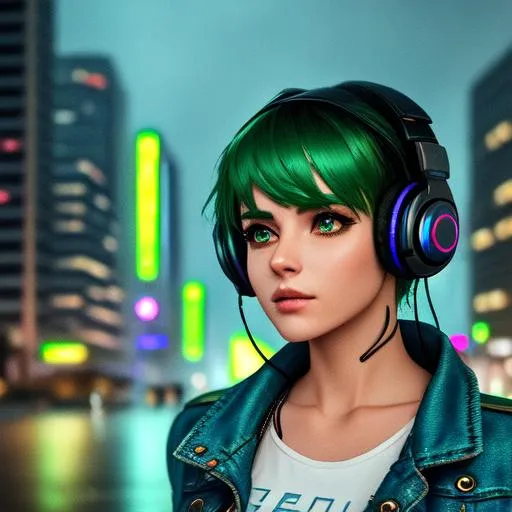 Prompt: a cyberpunk girl wearing a denim jacket, short green hair, listening to music on a black headphone, background of city lighting in the middle of a rain