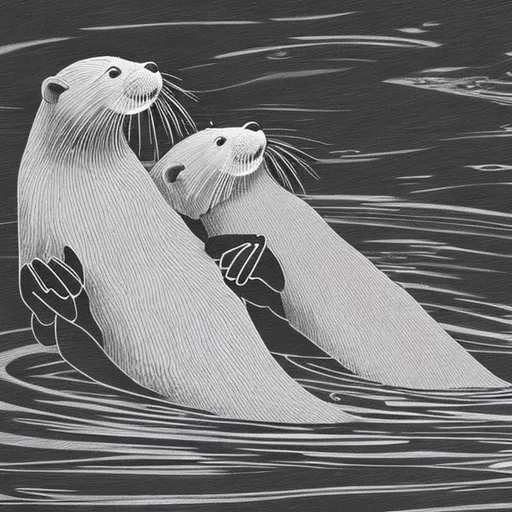 Prompt: Thick black outline otters holding hands when floating in river black and white pencil drawn 