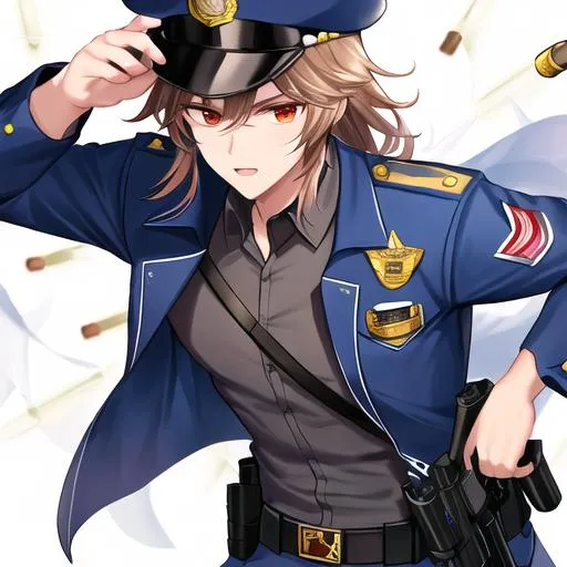 Prompt: Caleb as a police officer in a gunfight bullets flying
