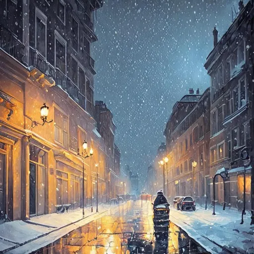 rococo styled city at nighttime. It is snowing and t...