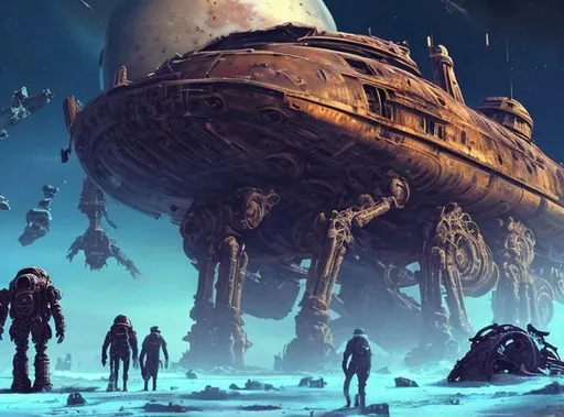 Prompt: wreck broken ancient huge old rusty spaceship astronauts discovering it skeletons laying all-over robots fixing ship graveyard ice planet backdrop 