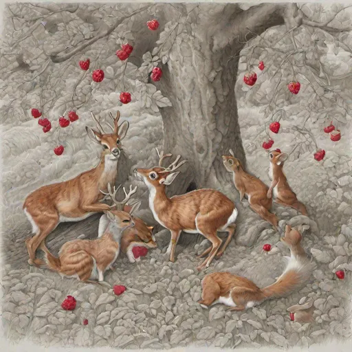 Prompt: Draw me a picture of a small group of deer grazing. Above them sitting on a tree branch are three red squirrels eating raspberries. On the ground there is a family of rabbits also eating the raspberries that have fallen on the ground