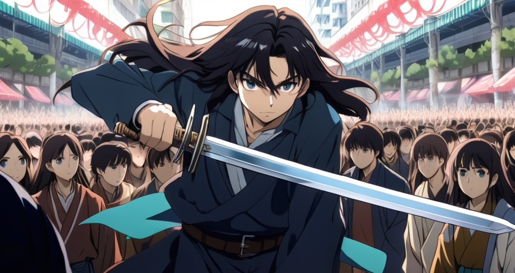 a anime character with long hair and a sword in his...