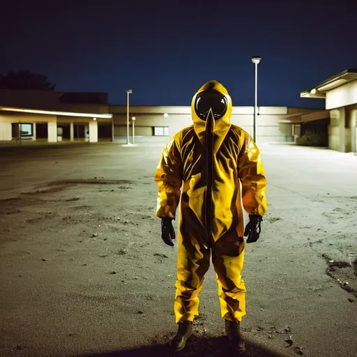 Prompt: Guy in a hazmat suit standing at an empty parking lot at night 