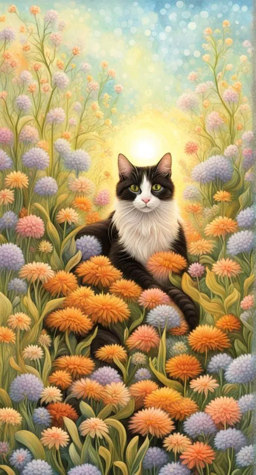 Prompt: gorgeous black and white cat, gorgeous tan tabby cat, laying in a field of catnip, highly detailed, glowing hairs, afternoon sunrays, fish floating everywhere, background of dancing glowing colorful flowers, enchanted glowing forest