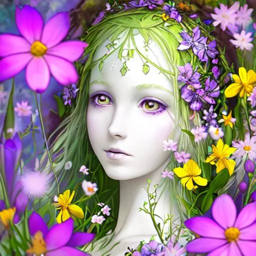 Prompt: fairy goddess of spring, pale skin,surrounded by vividly colored purple and yellow wildflowers,closeup