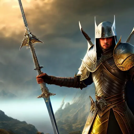 Prompt: Renowned Knight standing on cliff with sword on shoulders, Black Blade, elven armor, cinematic lighting. Stern disposition, gloom colors, Looking away from viewer, edge of cliff in mordor, 3d render, Macro, perfect composition, hyperrealistic, super detailed, 8k, high quality