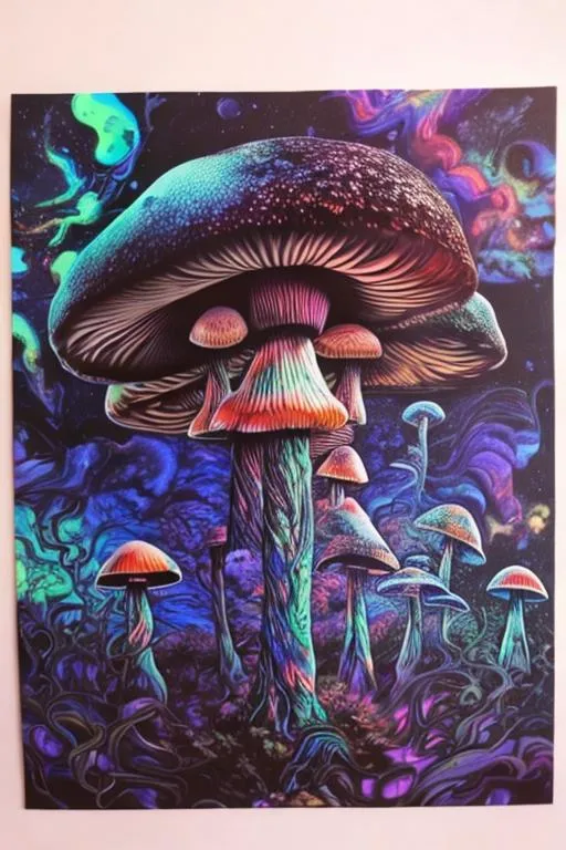 Prompt: Trippy space scape. Mushrooms, trees, warrior king, pagan