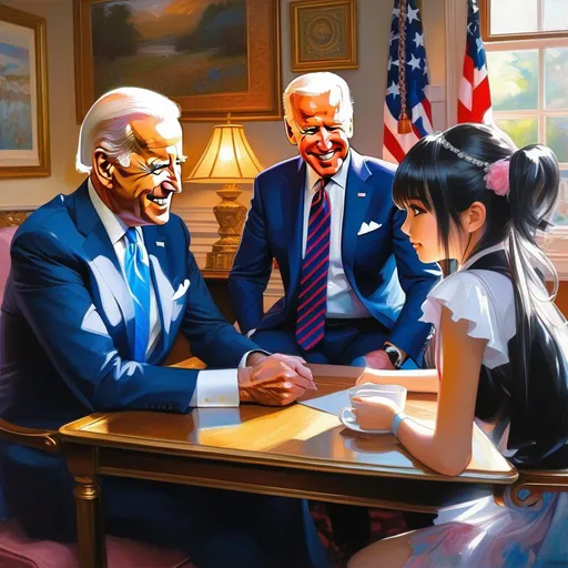 Prompt: Joe Biden meets anime girls, anime style, extremely detailed painting by Greg Rutkowski and by Henry Justice Ford and by Steve Henderson 