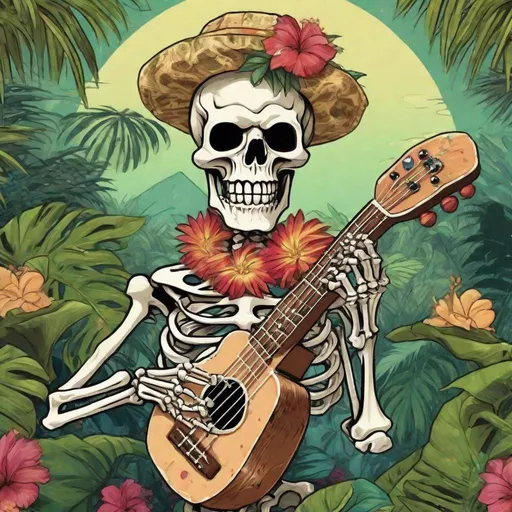 Prompt: portrait of a Skeleton wearing a botanical Aloha shirt with celebration leis, playing the ukulele. The background is a jungle rave with birthday celebration decorations. Japanese and Hawaiian art styles. 