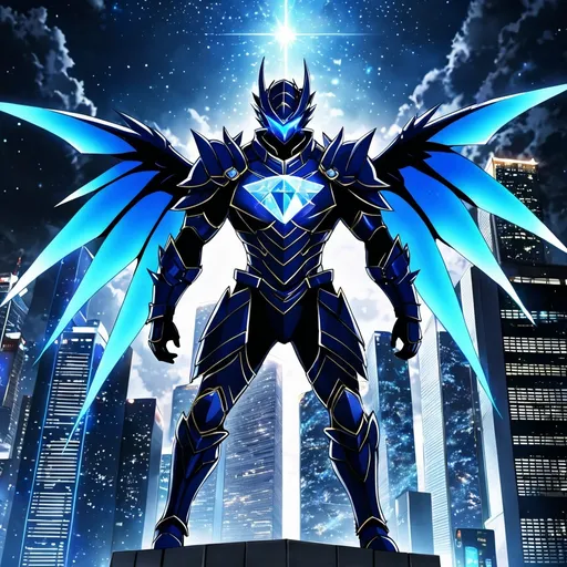 Prompt: anime, an evil, stount, heroic, all white spiked fully dragon armored ninja with a glowing blue gem in his chest and knees, with glowing blue luminescent see through wings made of blue energy with small golden sparkles twinkling around them, standing at the edge of a skyscraper looking down at tokyo