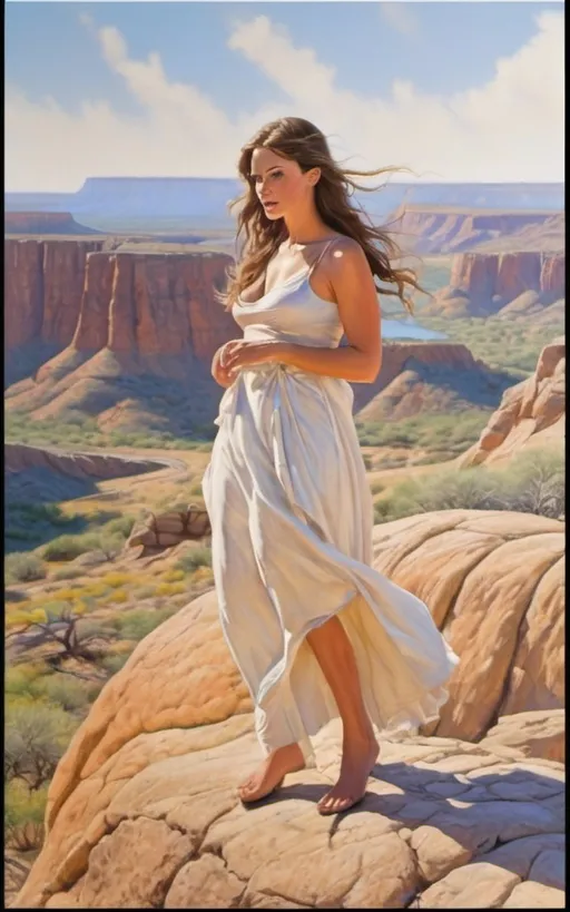 Prompt: create a hyper detailed, color pencil drawing, hyper detailed, UHD, HDR, 128K, standing on a rock portrait of a woman in in a semi-arid landscape portrait drawing in the style of Norman Rockwell, Steve Hanks, and Michael James Smith, portrait of woman, standing on the rock edge of a gulley with white drape billowing in the high wind. The woman forged by the harsh sands of a dystopian future and stands on the edge of a wide and rock gully with cracked stone and rock pebbles. Along the gully are ledges of rock overhanging over the edges of the gully and it is trimmed with mostly dry but an occasionally green brush, grass and tumble weed or other forest fauna including vines. in the middle of the gully there are falls of water still left from the last deluge that reflect the blue sky. a Texas Jackrabbit is brave enough to wander out to test the water. The rest of the scene is an serene scene with lush brush and grass. Dramatic natural light. There is a blue sky with swirling cumulus clouds. There are low hills in the far distance that are faded and blue and some trees can be seen in the distance. There is ponding water that reflects the sky., 3d render, painting, photo, cinematic, poster