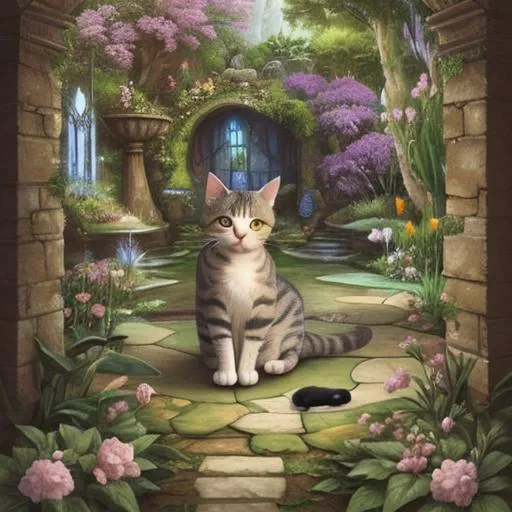Prompt: 
cat in a fantasy garden
