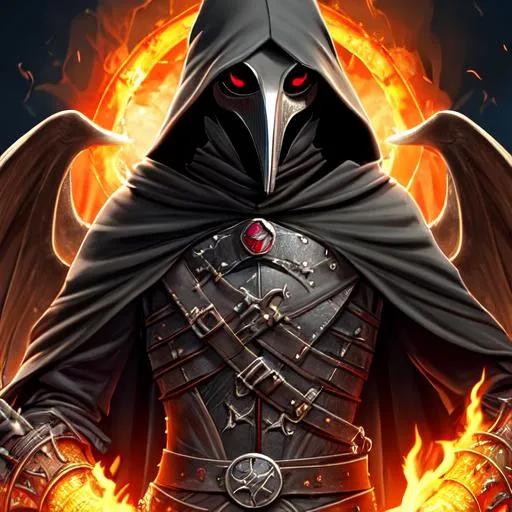 Prompt: Hyper detailed half body The plague doctor in battle, perfect face, shining eyes, demonic aura, detailed eyes, super detailing of small items of clothing, difficult armor, detailed on armor, cloak, clear eyes, against the background of a fire, symmetrical, 8k, digital painting, high quality, by IrinaKapi
