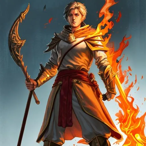 Prompt: male cleric of fire with a quarterstaff